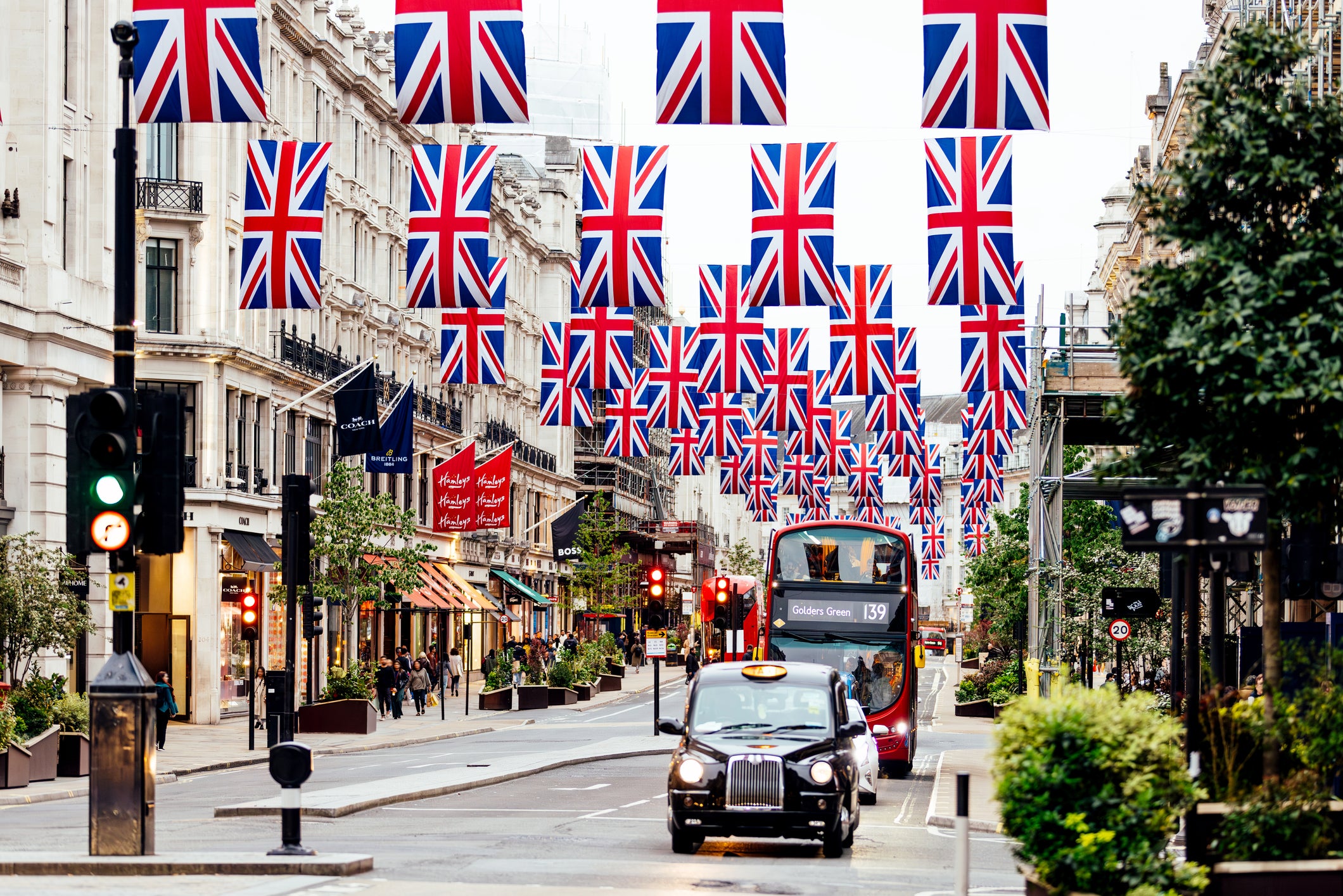 Regent Street decorated with British Flags, London, England, UK