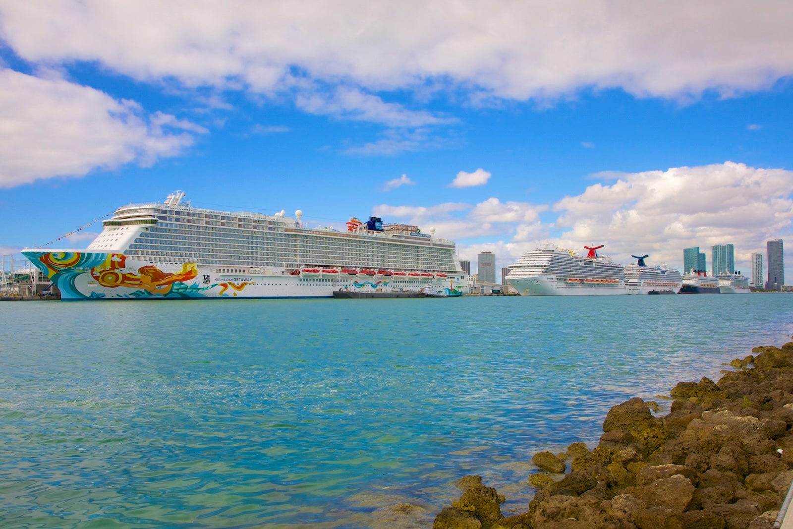 Five cruise ships lined up in Miami