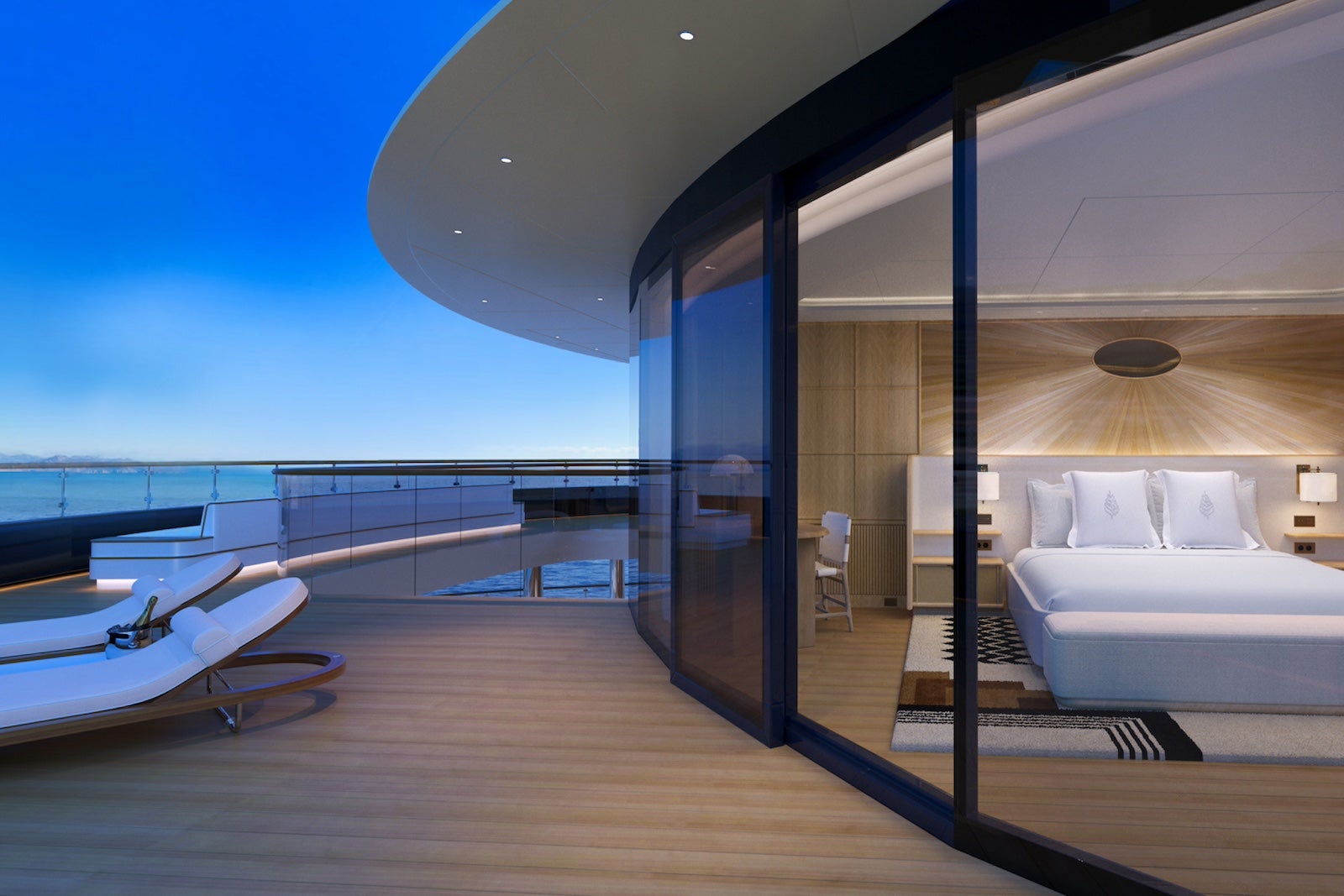 a rendering of a cruise ship cabin with floor-to-ceiling windows and a large balcony