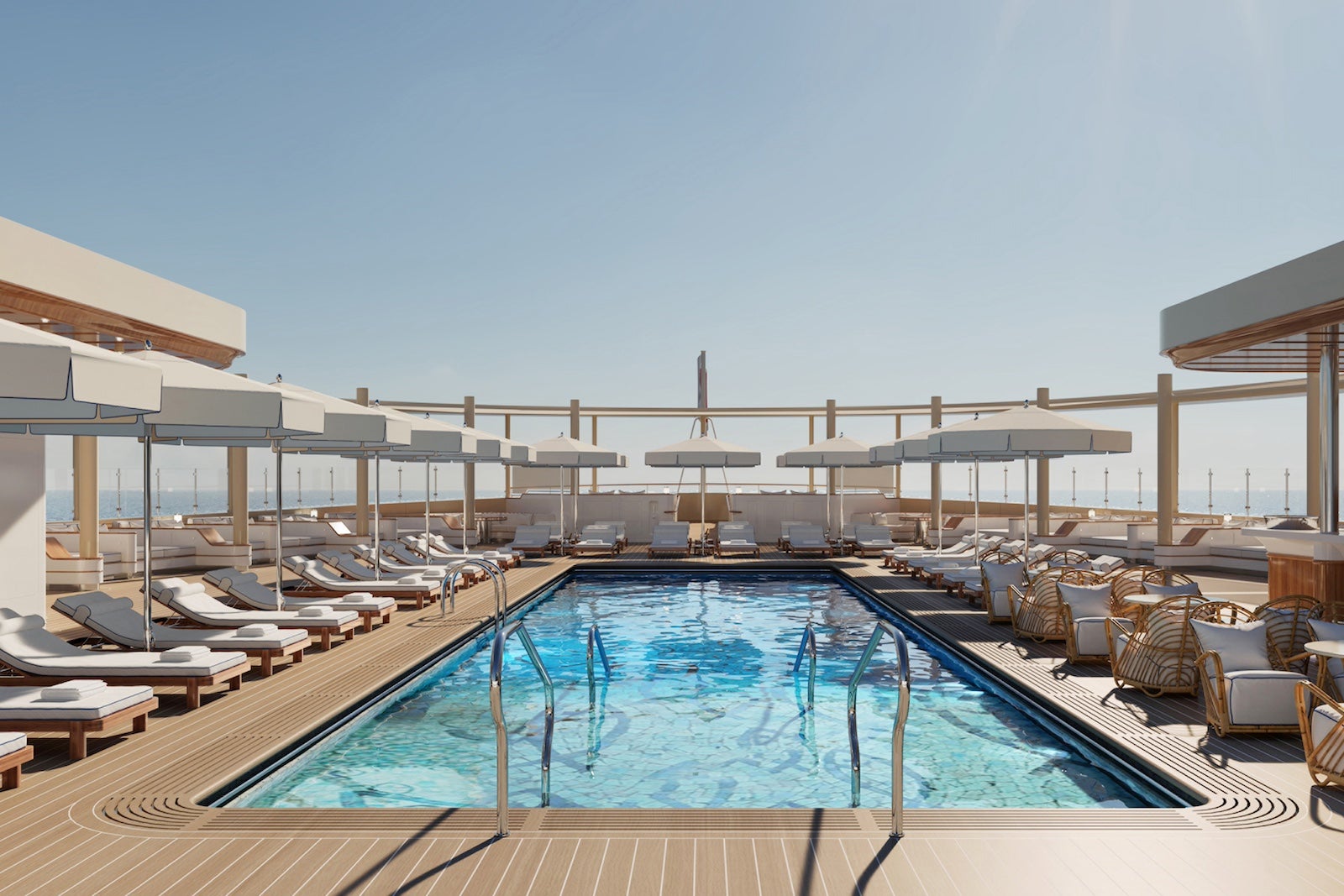 a rendering of a cruise ship pool surrounded by chairs and umbrellas