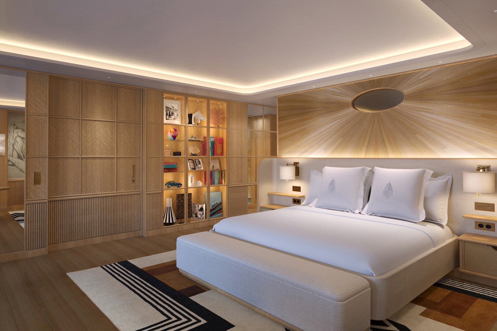 a rendering of a cruise ship cabin decorated in shades of beige and white