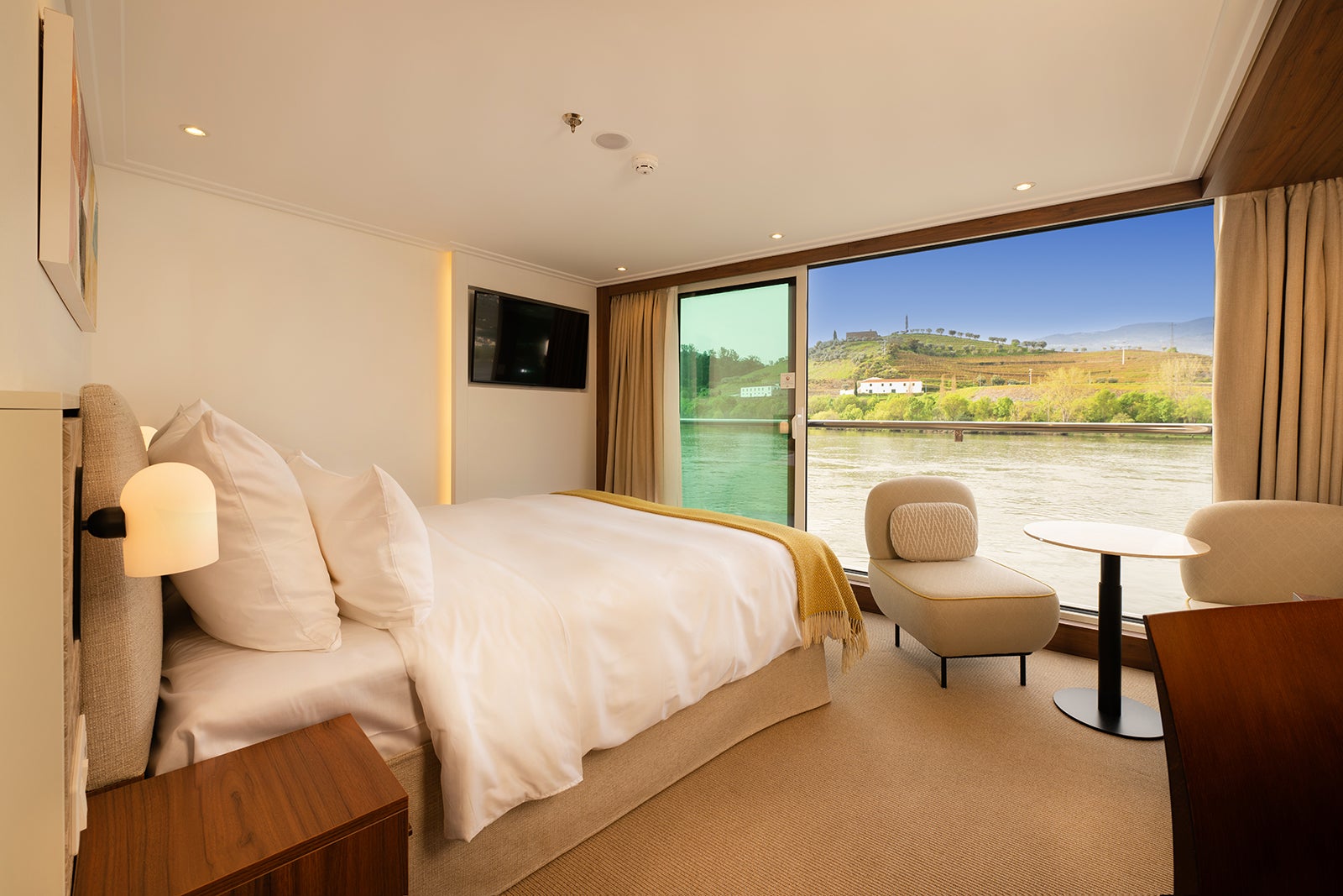 River cruise cabin on Avalon Alegria with view over the water