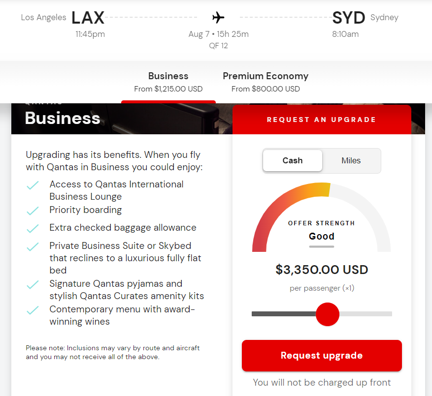 Upgrade Qantas flight with cash