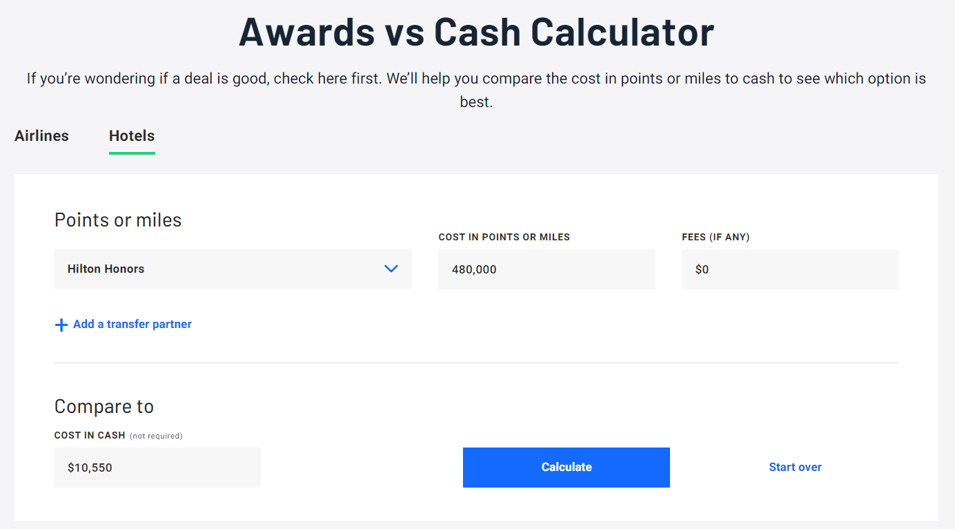 TPG points vs cash calculator