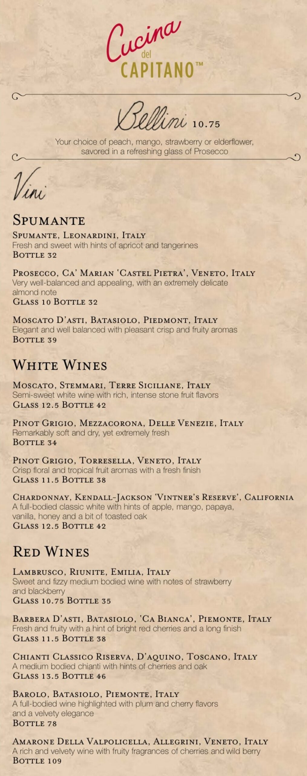 Part of an Italian restaurant menu