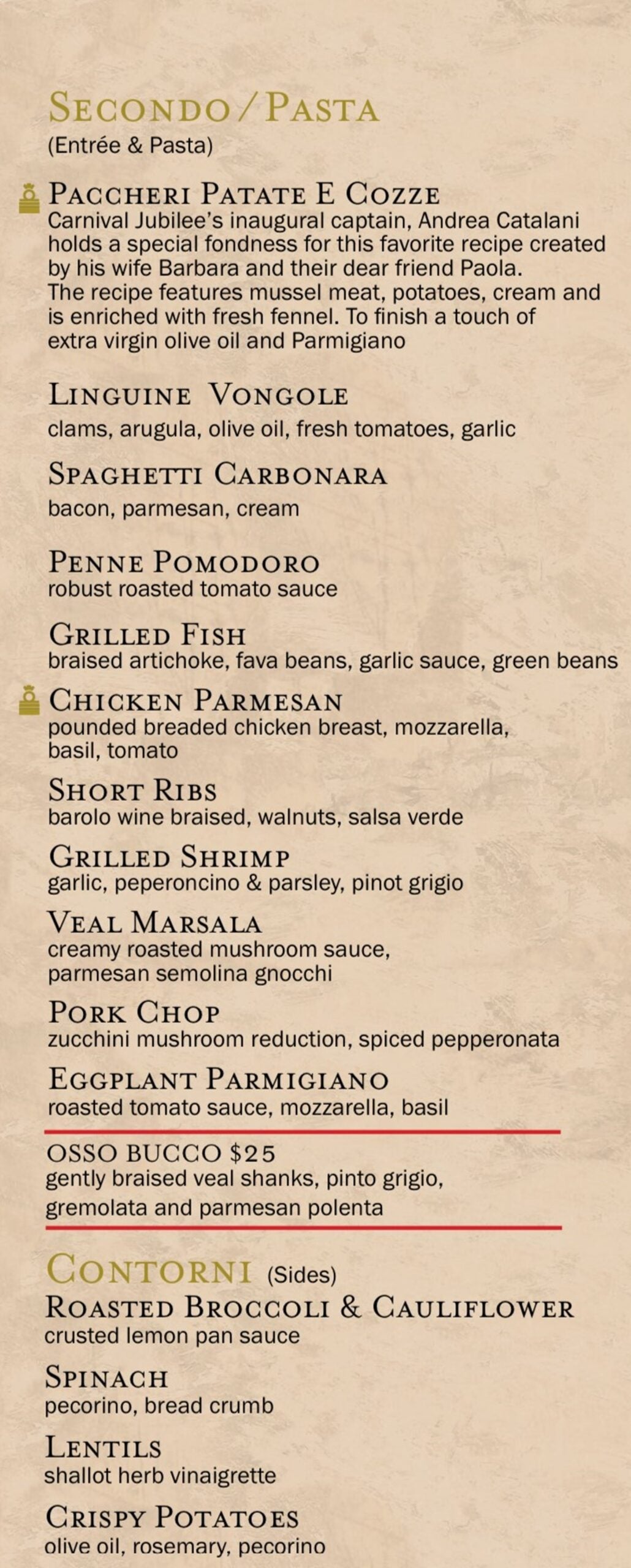 Part of an Italian restaurant menu