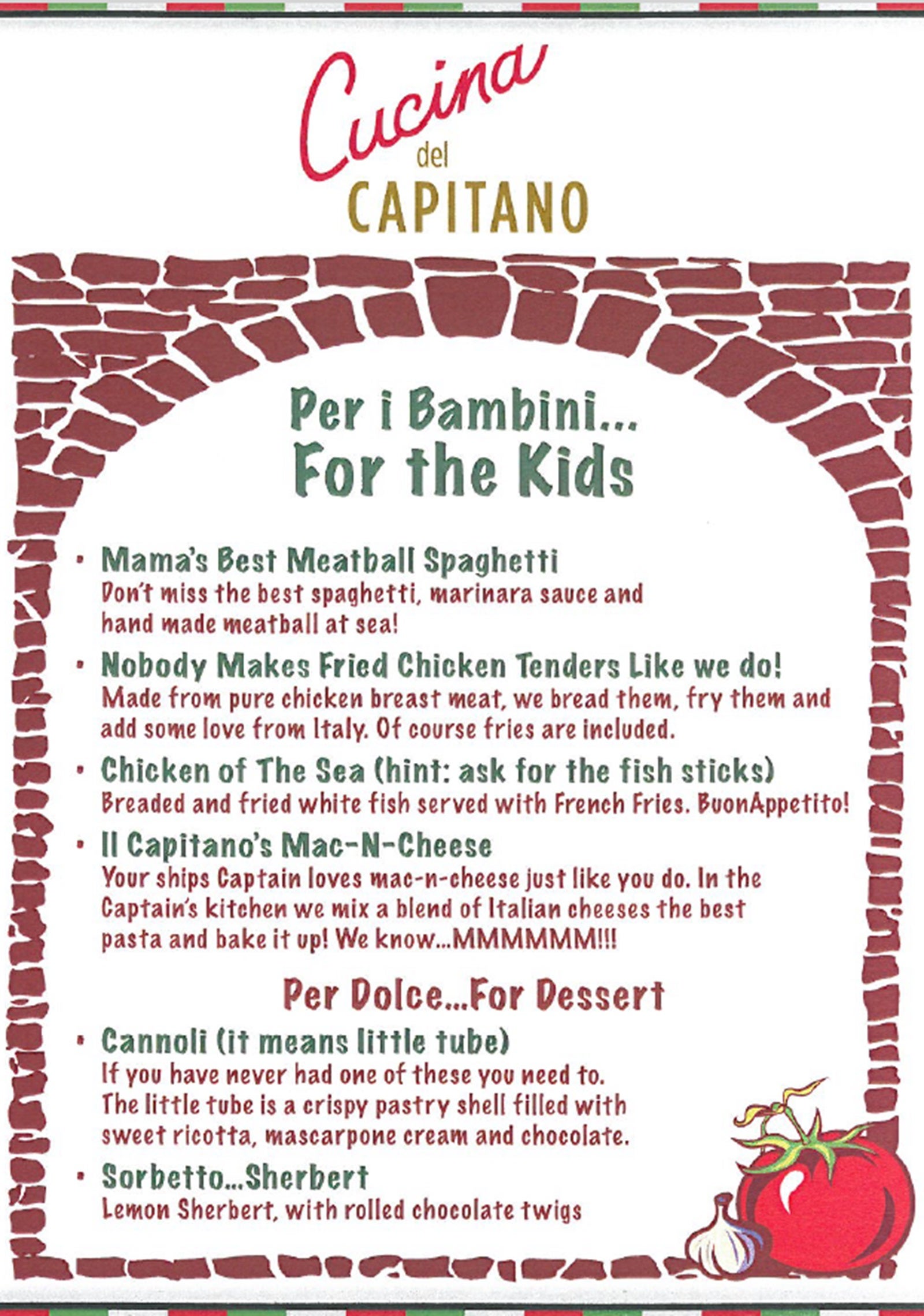 A children's menu from Carnival Cruise Line restaurant Cucina del Capitano