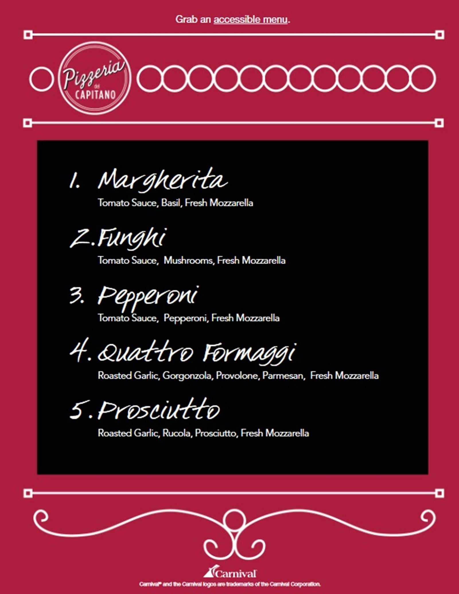 A menu from Carnival's Pizzeria del Capitano pizza restaurant