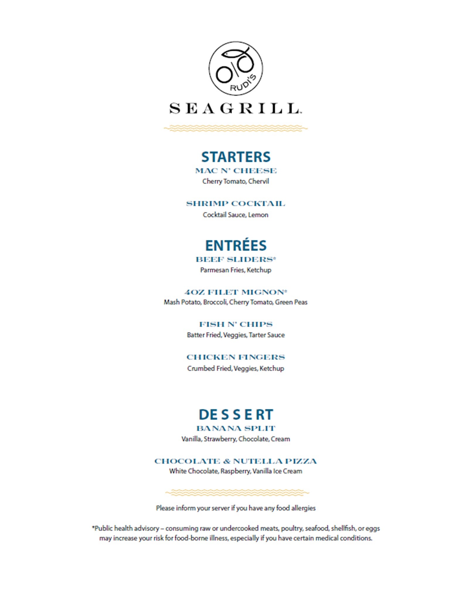 A children's menu from Rudi's Seagrill on Carnival Cruise Line
