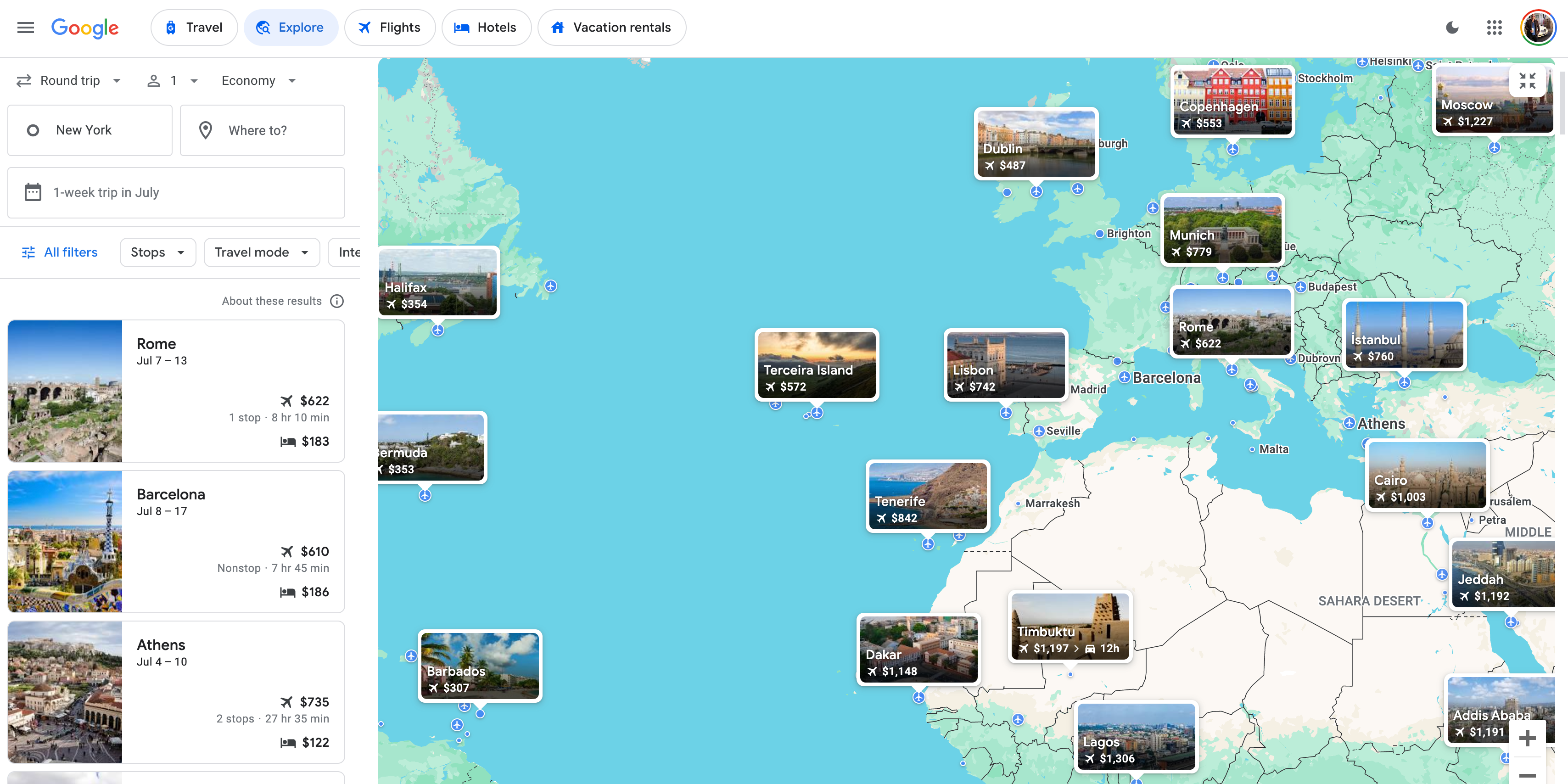 Google Flights Explore deals to Europe in July. GOOGLE