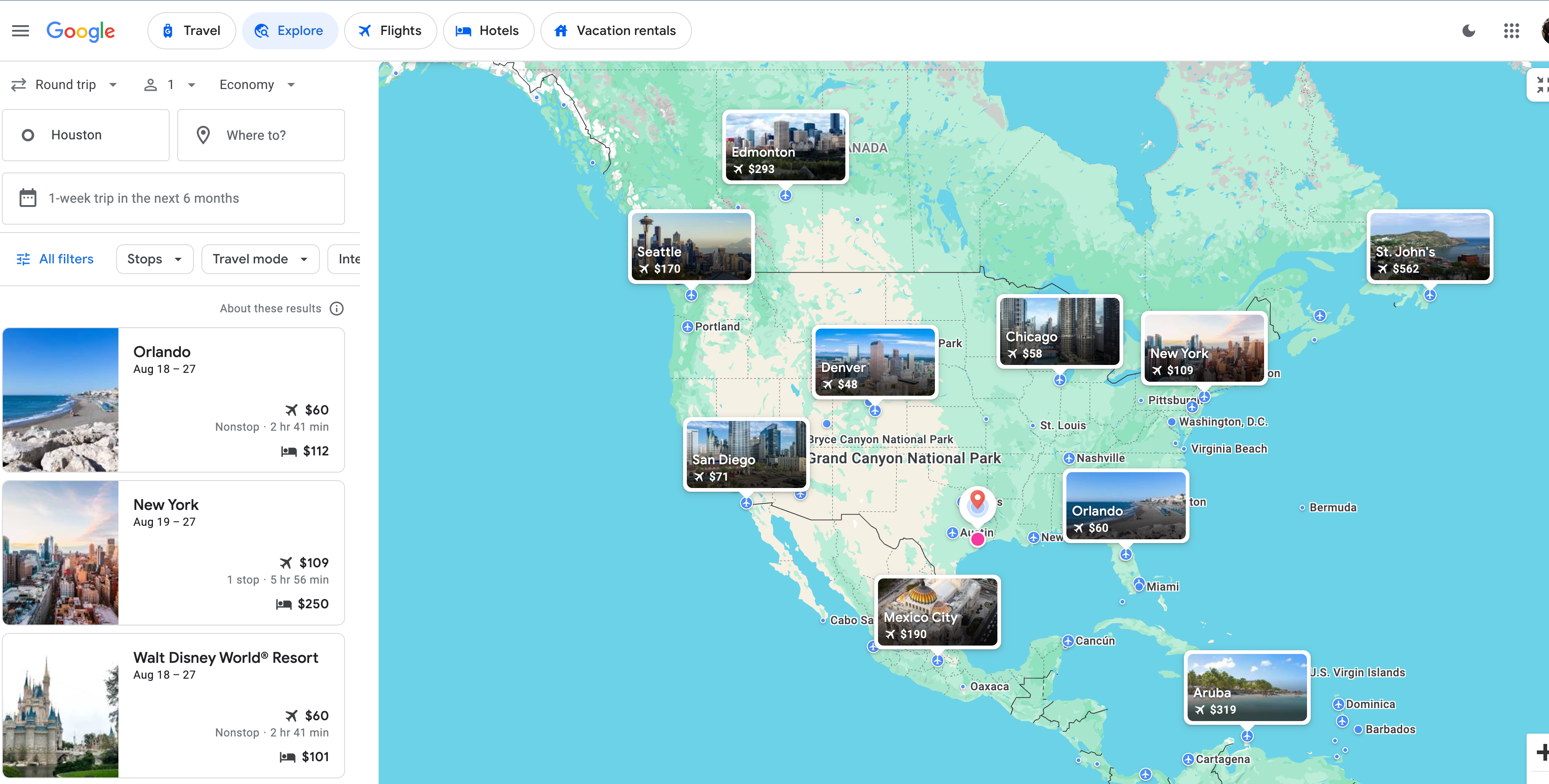 Google Flights explore feature using Houston as home base. GOOGLE