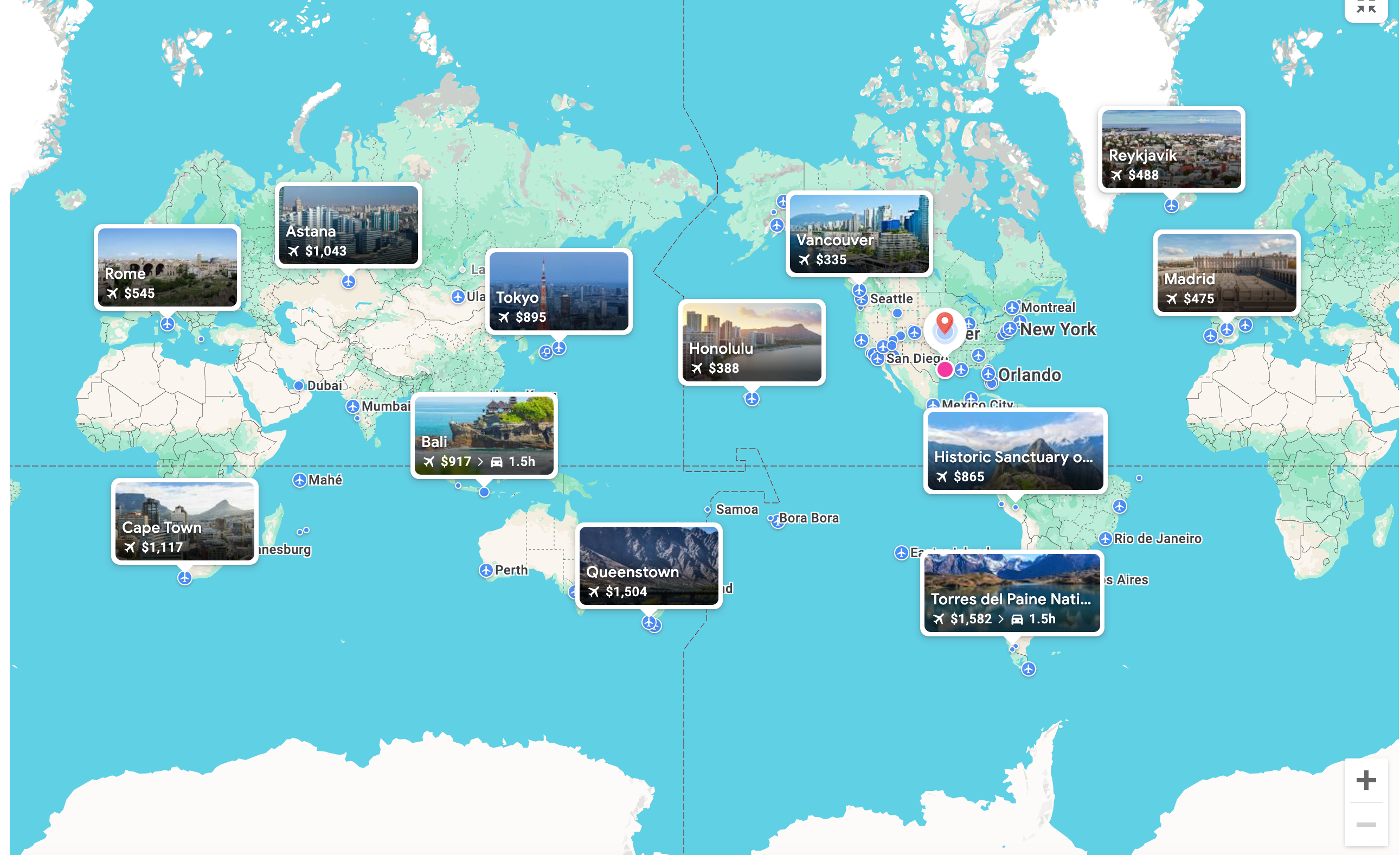 Google Flights explore feature using Houston as home base. GOOGLE