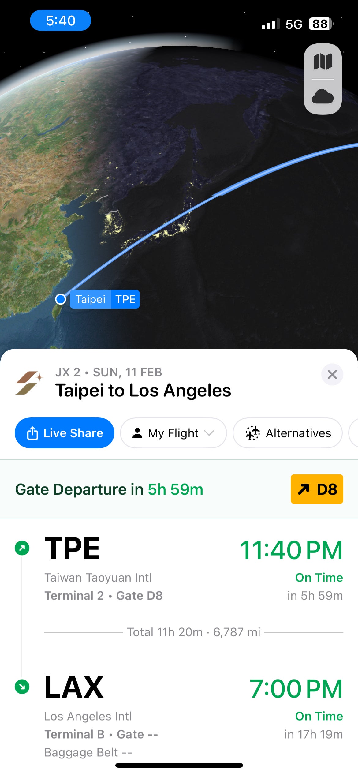 Screenshot of Flighty's Taipei to Los Angeles flight data.