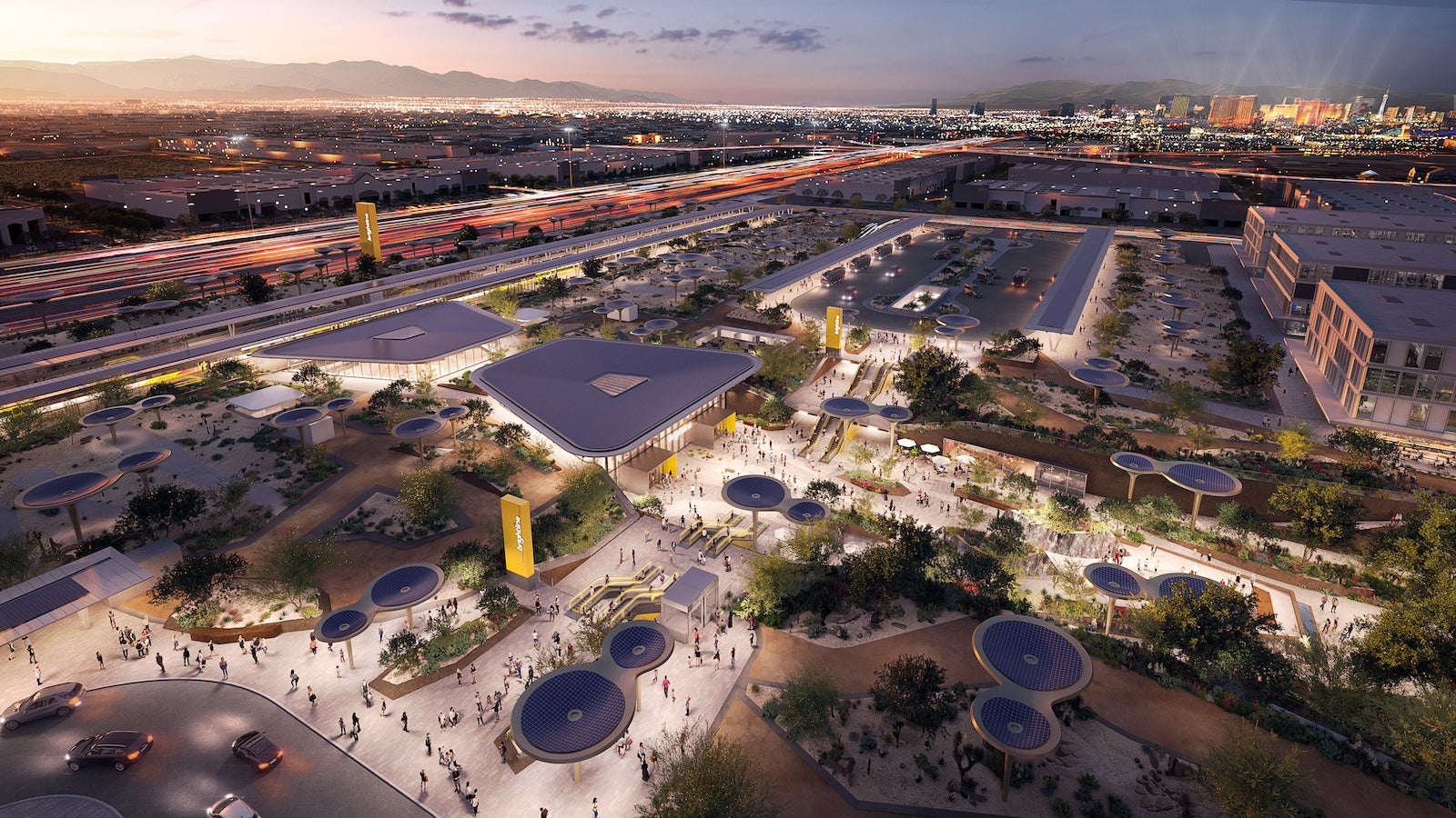 Aerial view of planned Brightline West station in Las Vegas. 