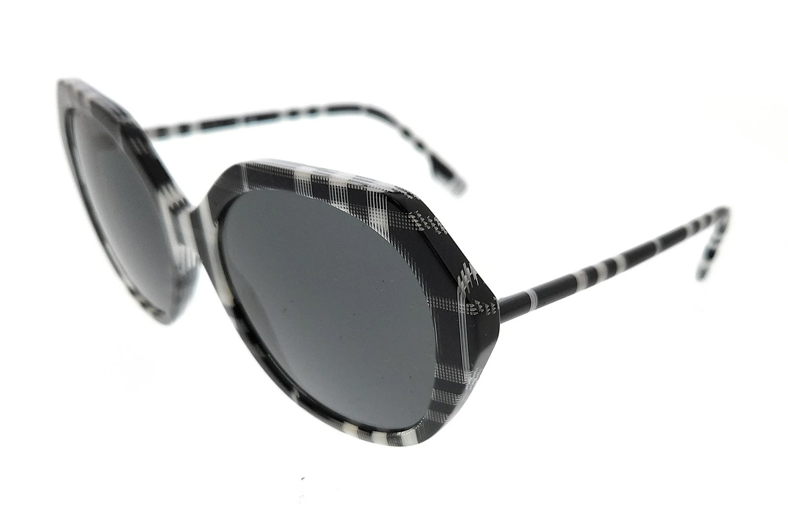 black sunglasses with a plaid pattern