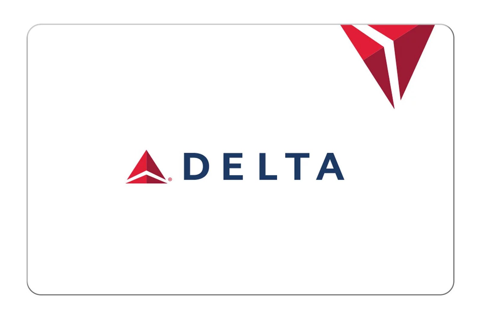 a white gift card with a red and blue Delta Air Lines logo
