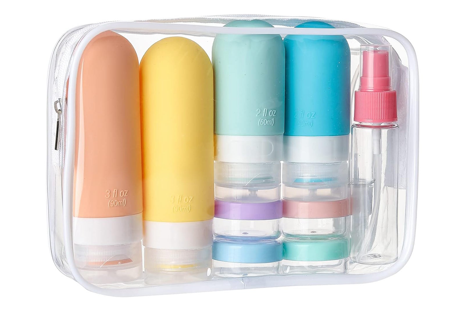 a clear toiletry bag with silicone bottles and jars in pastel colors