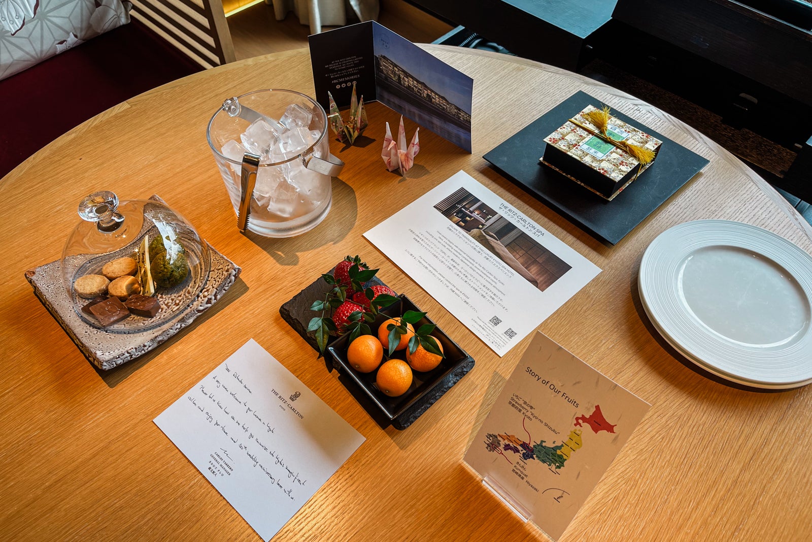 welcome amenities (fruit, sweets and tea) at The Ritz-Carlton, Kyoto in Japan