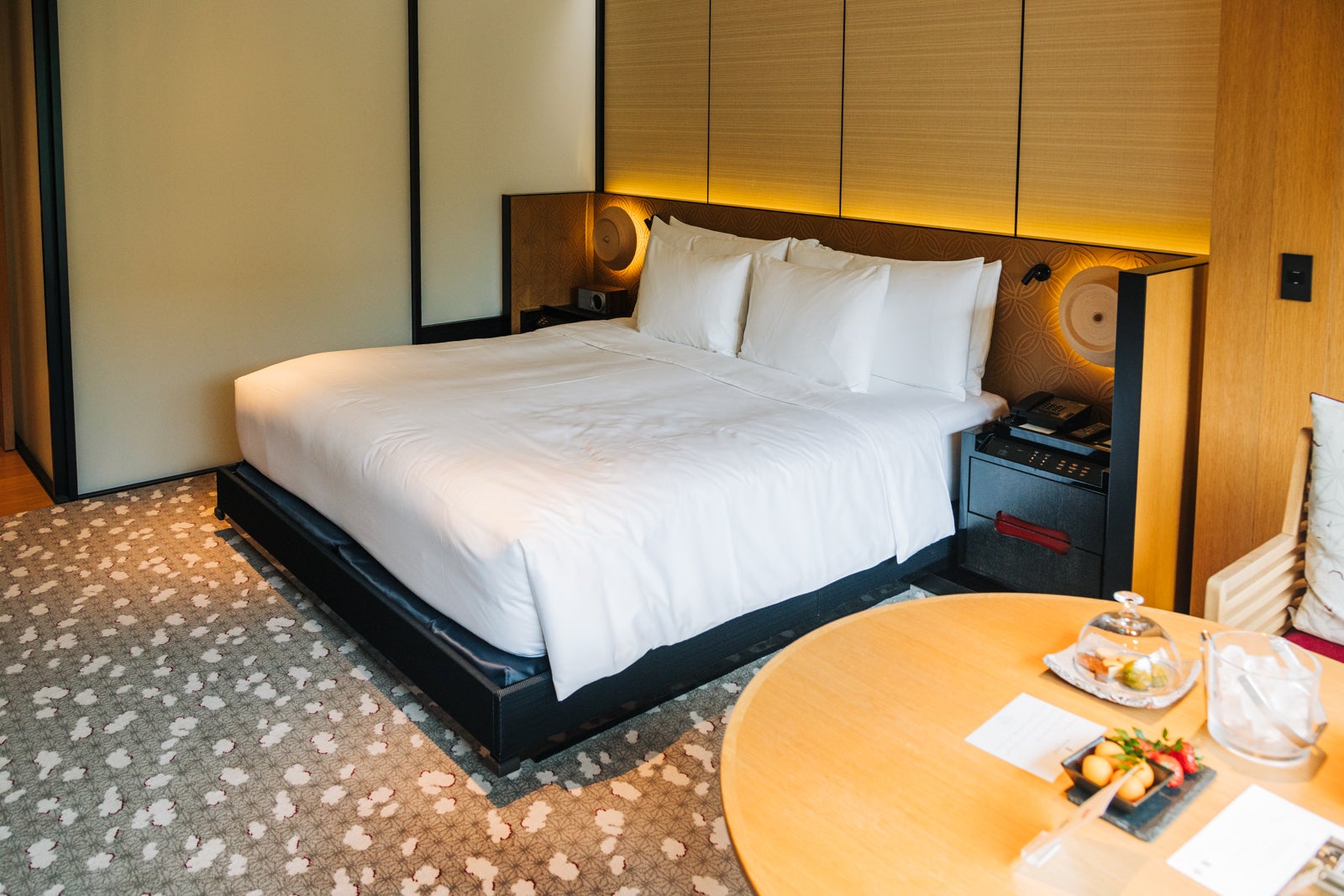 King-size bed in garden-view room at The Ritz-Carlton, Kyoto