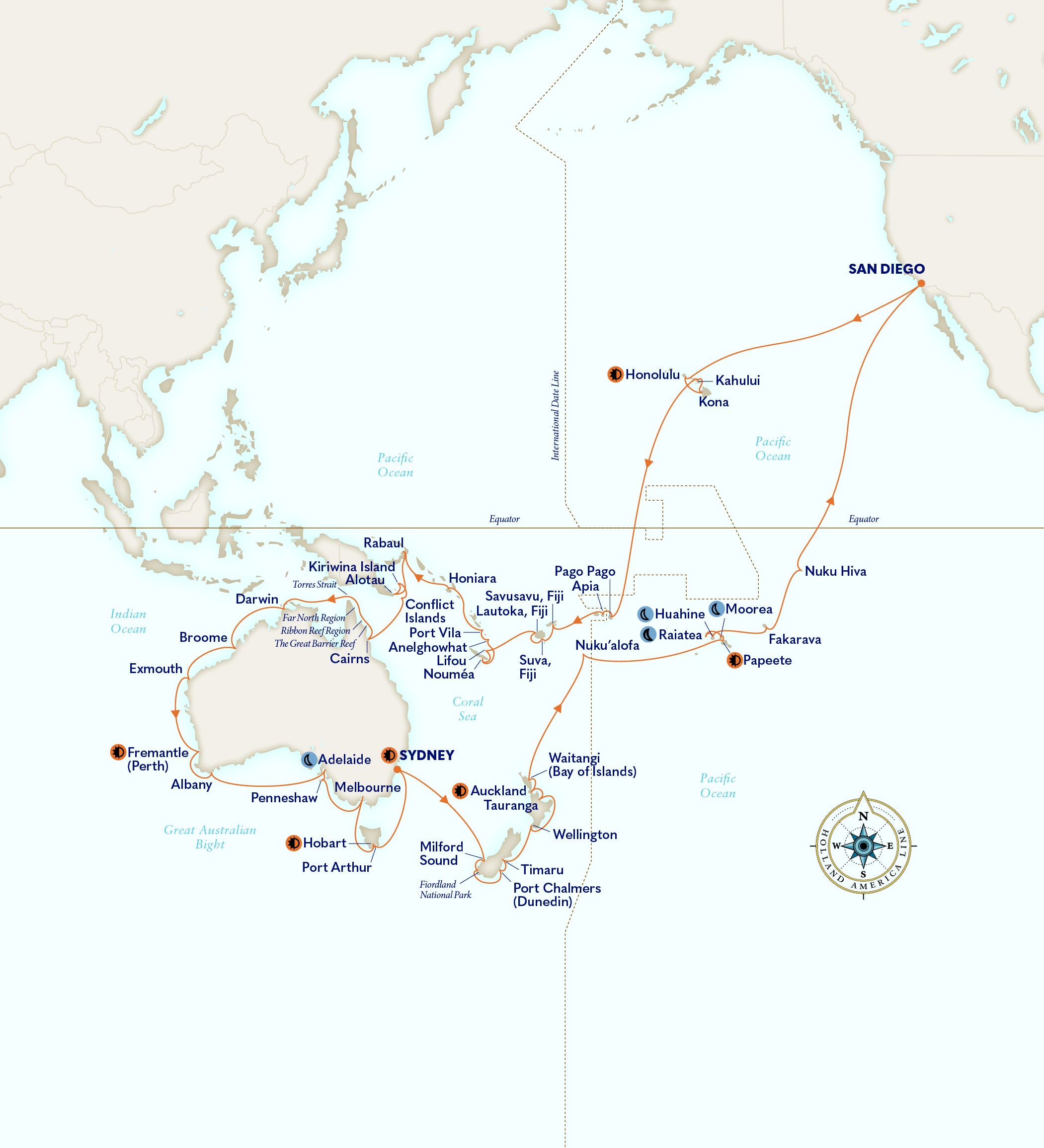 A route map of Holland America's Grand Australia and New Zealand itinerary 