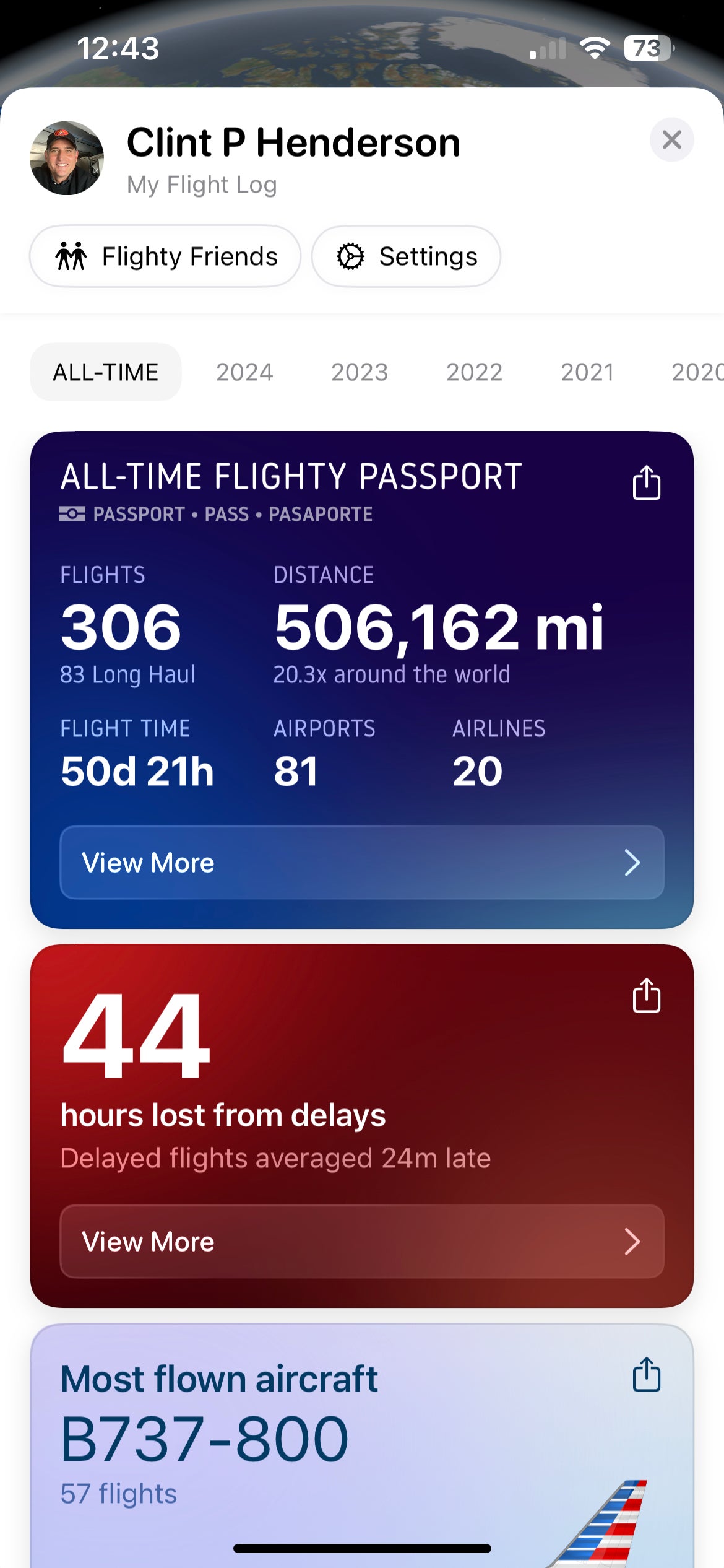 Clint Henderson's lifetime flight log on Flighty.