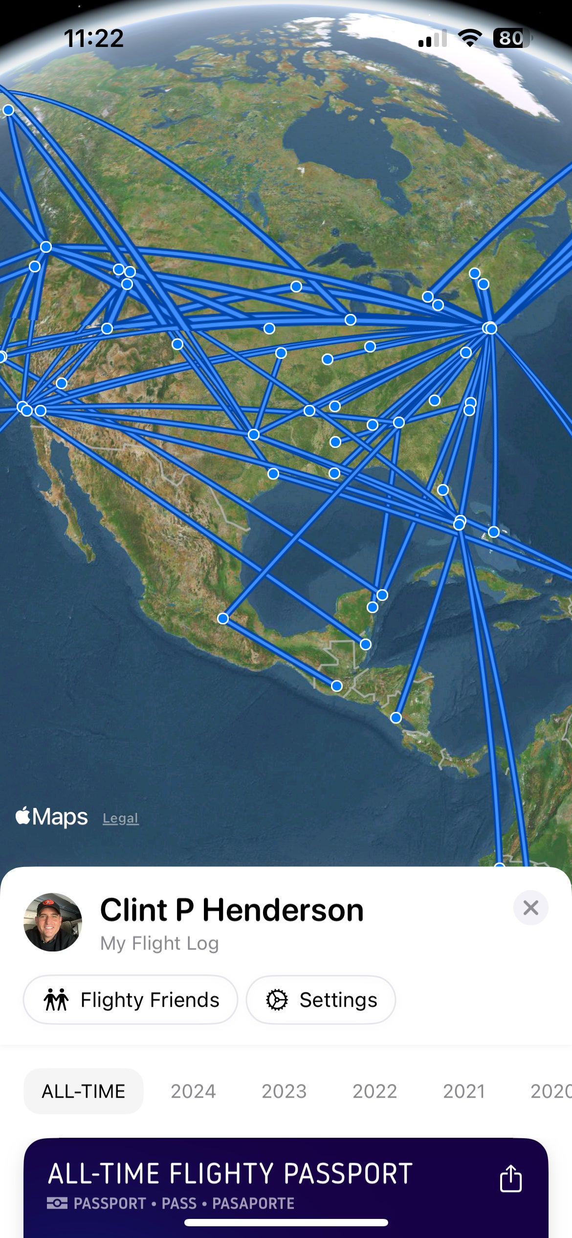 Clint lifetime flight map in Flighty.