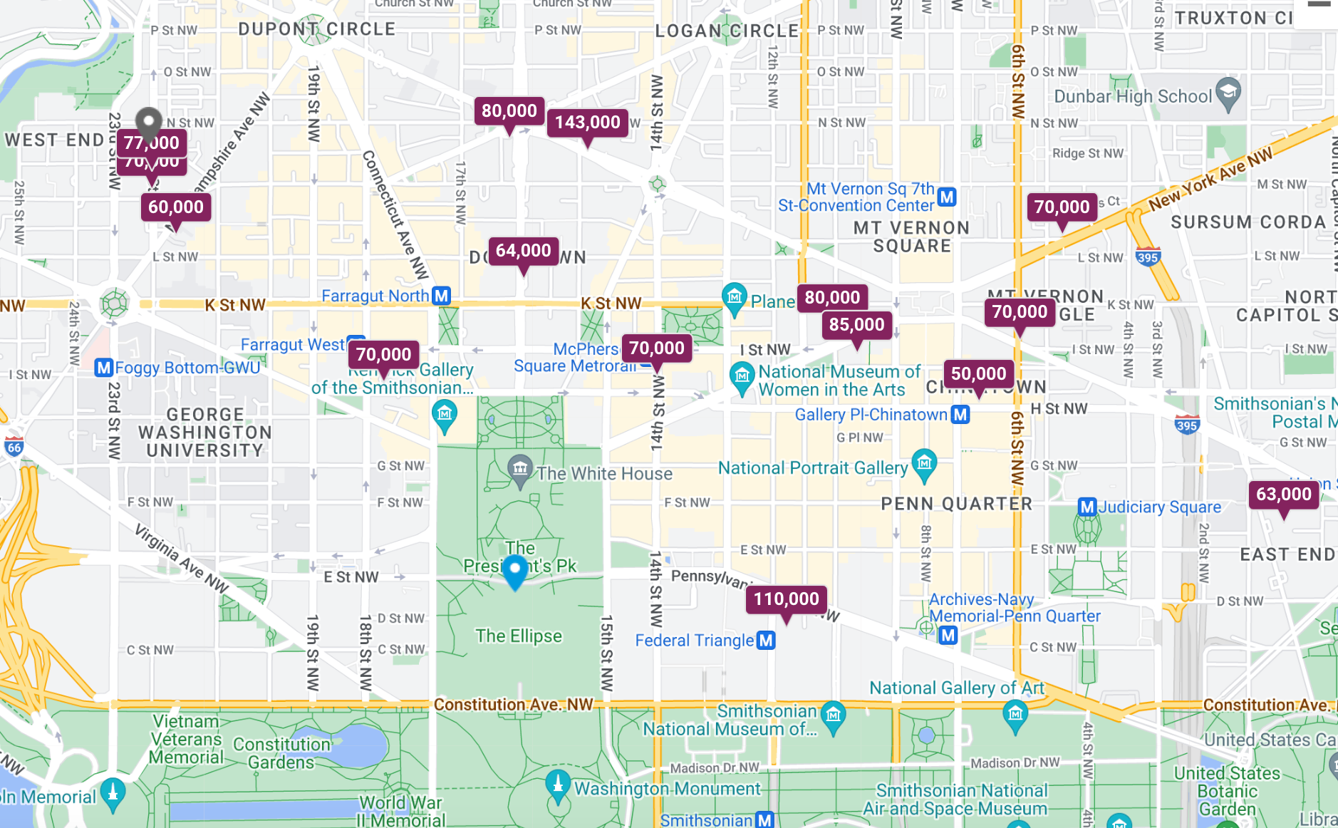 Screenshot: map of Hilton properties with award rates