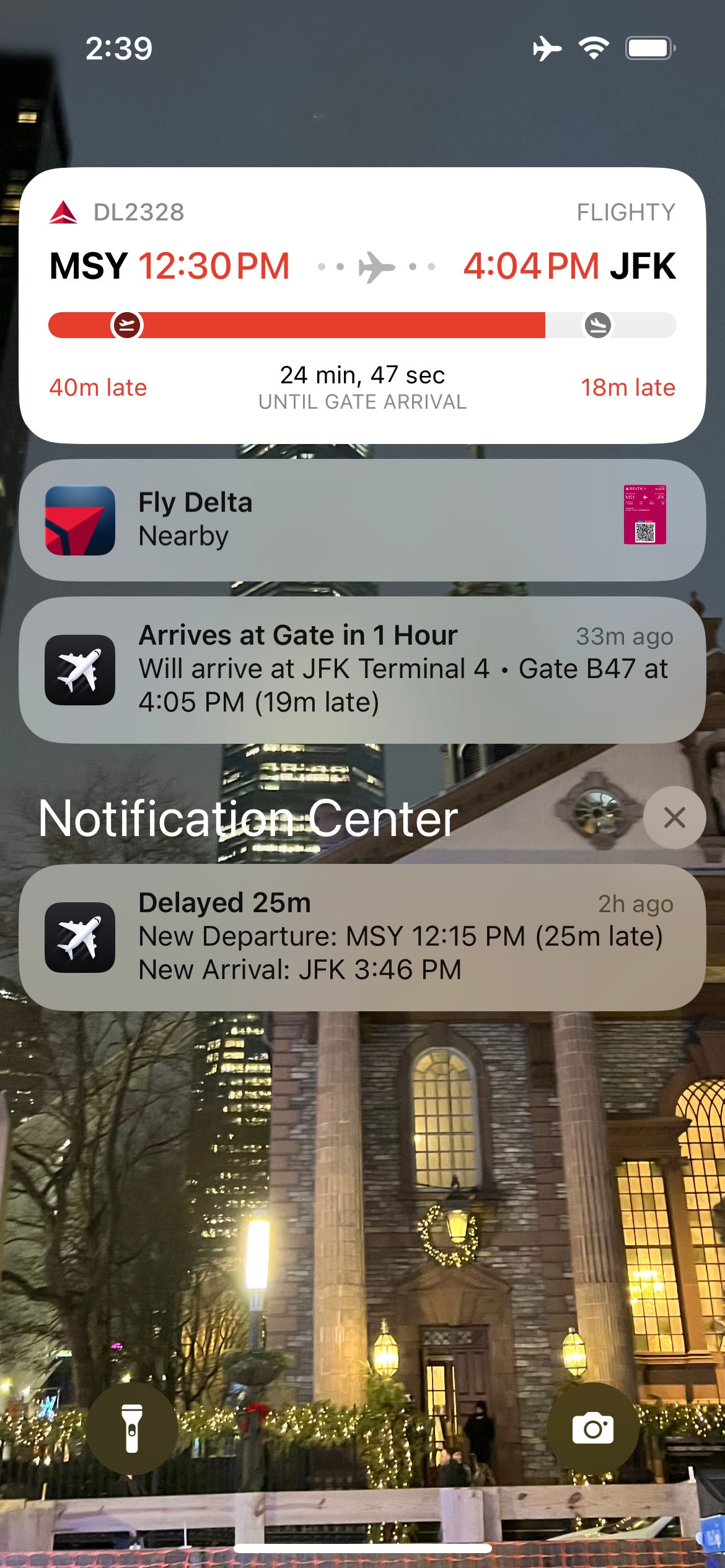 Flighty notification for a delayed New Orleans to New York flight