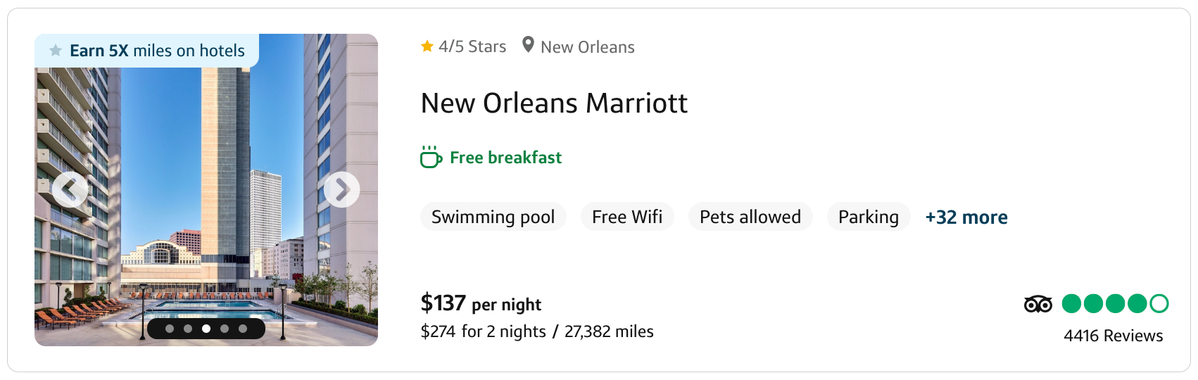 screenshot: New Orleans Marriott listing on Capital One travel portal