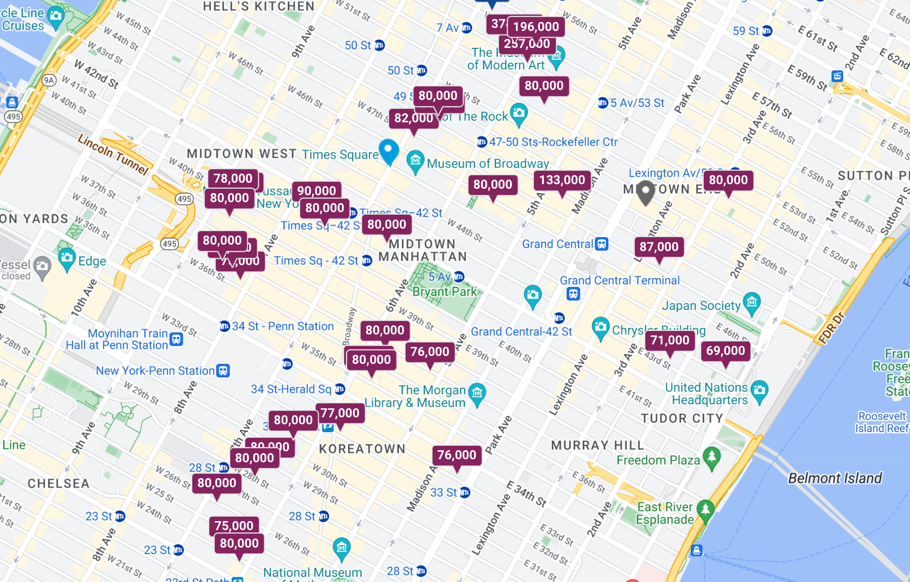 map of Hilton hotels around Manhattan