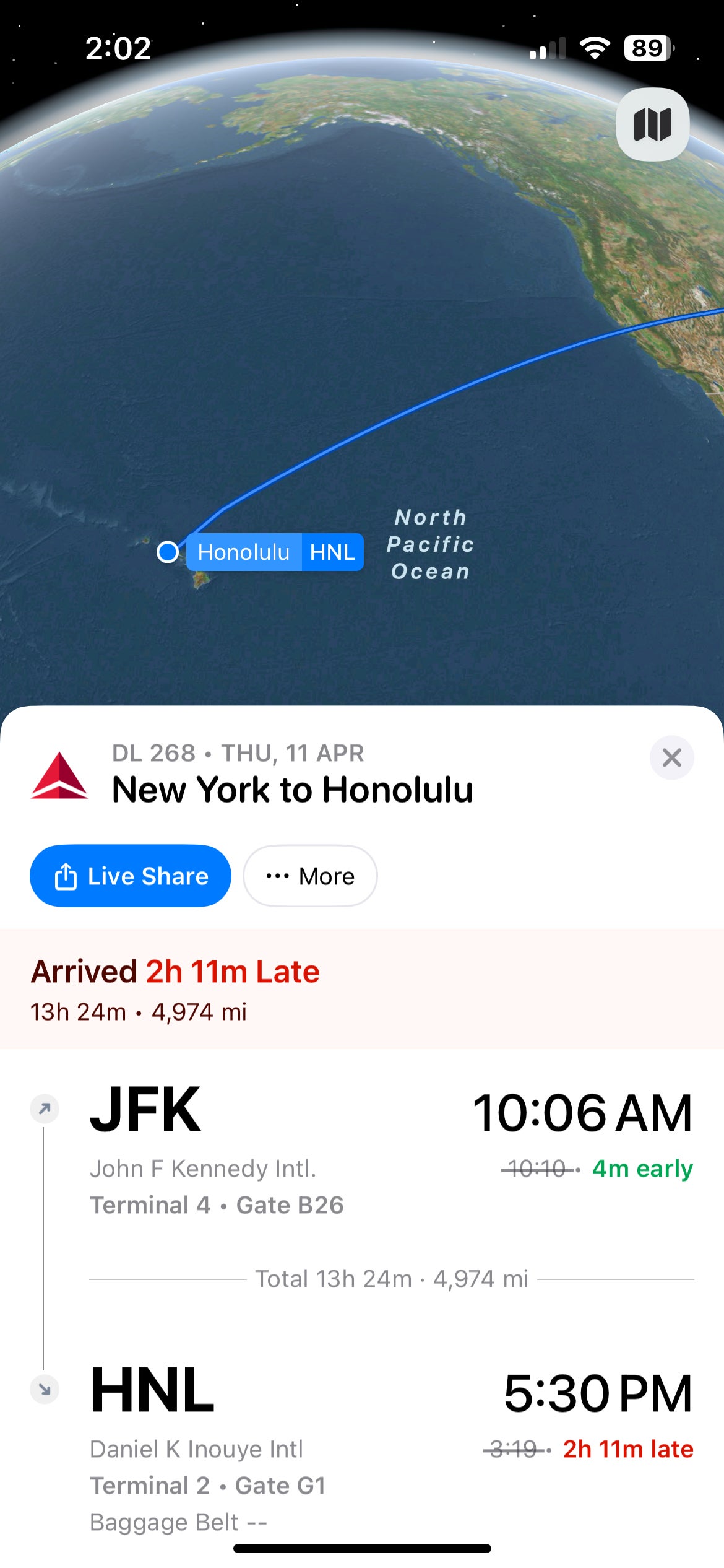 A screenshot of New York to Honolulu flight information. 