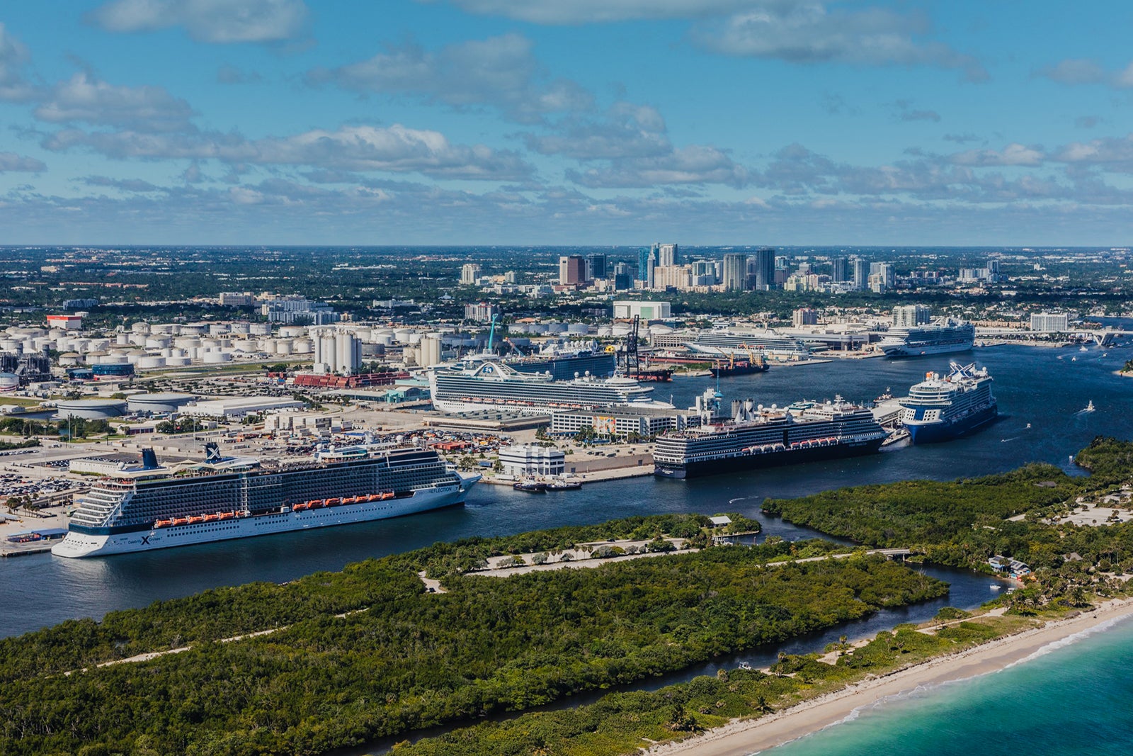 Aerial shot of cruise ships docked at Port Everglades in Fort Lauderdale