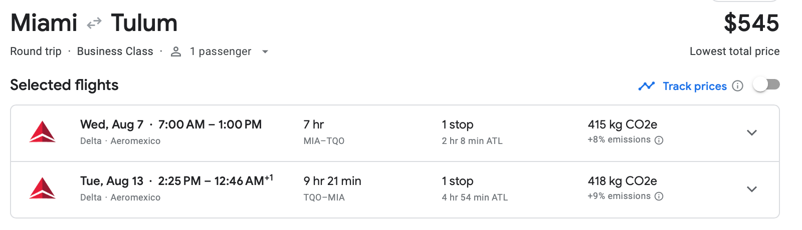 A screenshot of the Google Flights estimate for a round-trip, business class flight from Miami to Tulum.