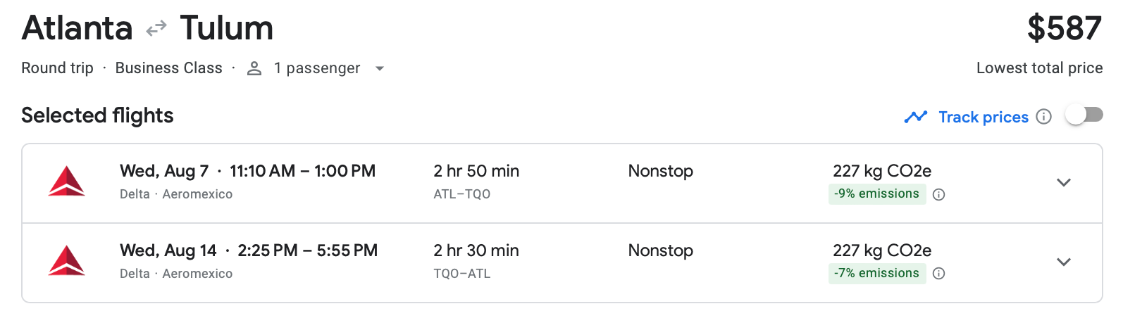 A screenshot of the Google Flights estimate for a round-trip, business class flight from Atlanta to Tulum.