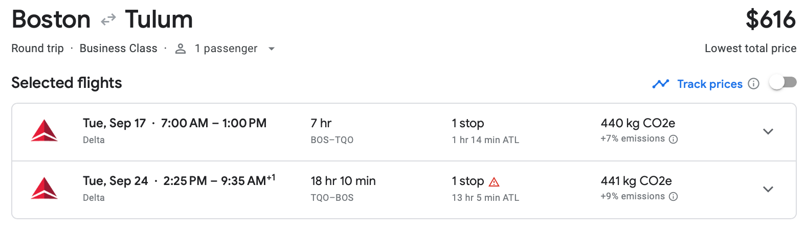 A screenshot of the Google Flights estimate for a round-trip, business class flight from Bosoton to Tulum.