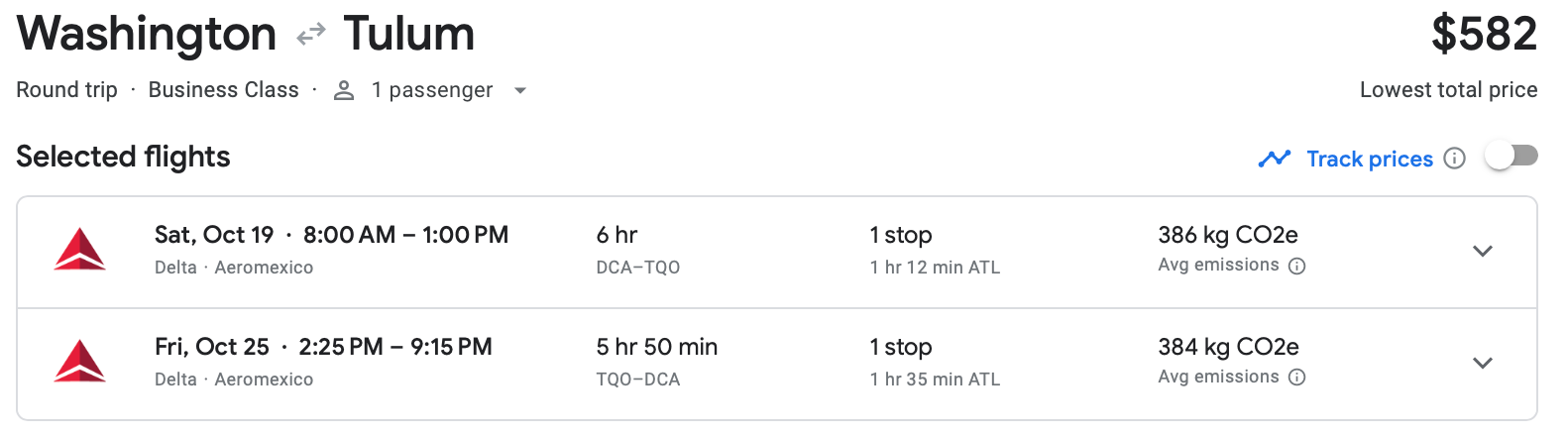 A screenshot of the Google Flights estimate for a round-trip, business class flight from Washington, D.C. to Tulum.