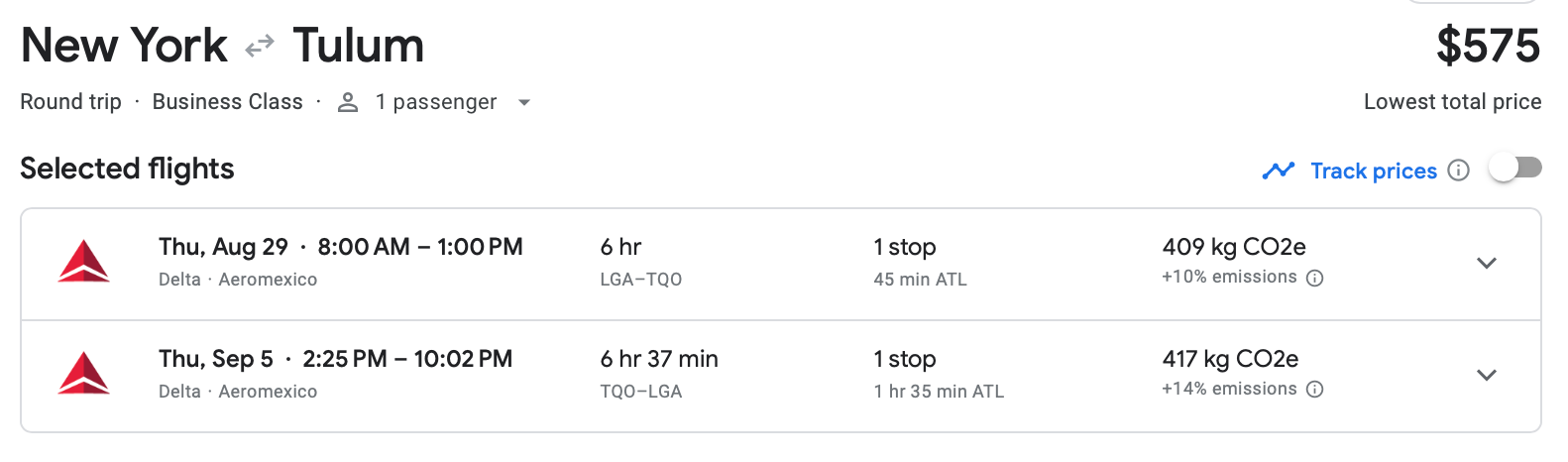 A screenshot of the Google Flights estimate for a round-trip, business class flight from New York City to Tulum.