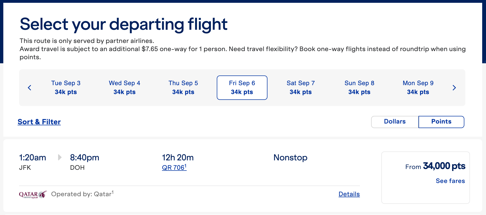 screenshot of Jetblue award availability, NY to Doha