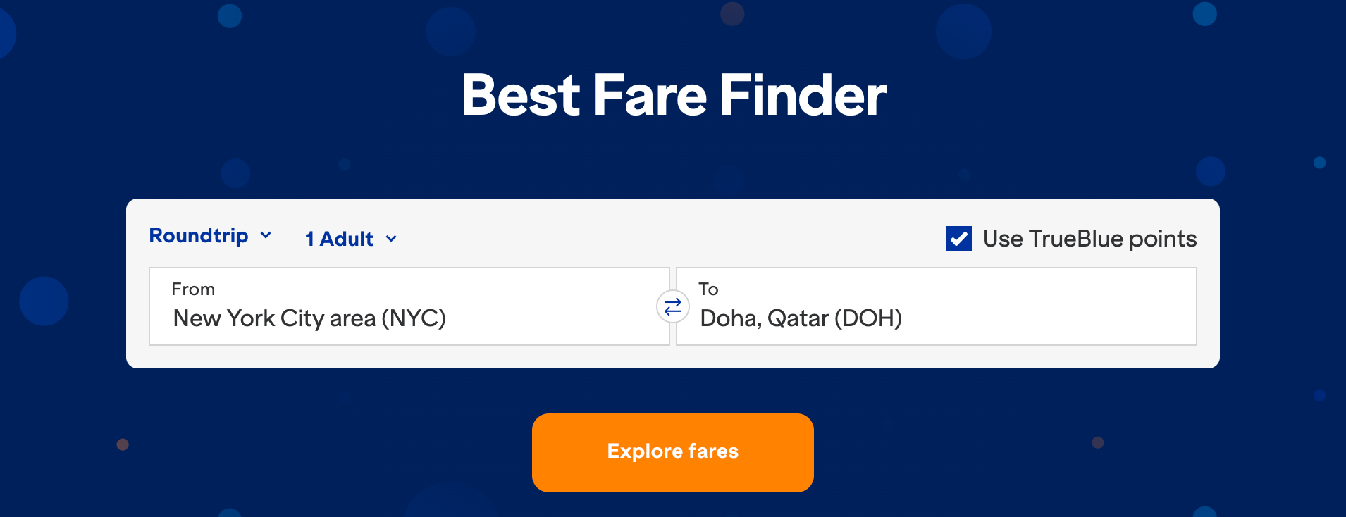 screenshot of JetBlue fare finder, NY to Doha