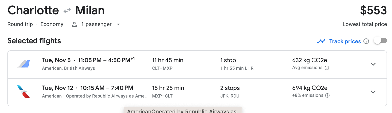 A screenshot of a Google Flights deal for a round-trip flight from Charlotte to Milan.
