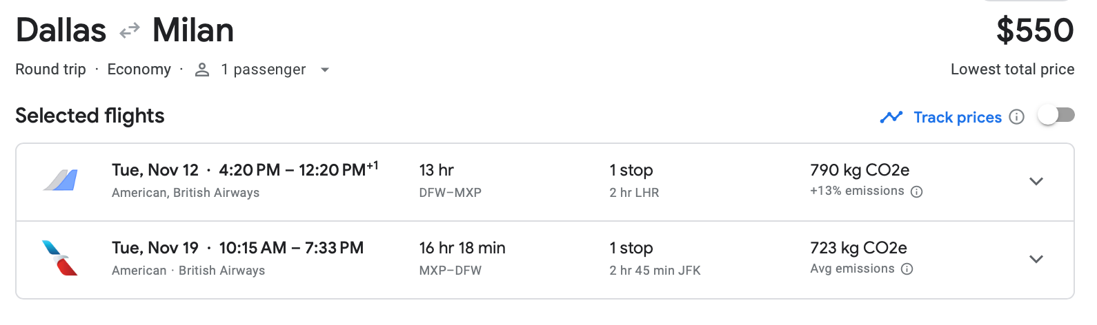 A screenshot of a Google Flights deal for a round-trip flight from Dallas to Milan.