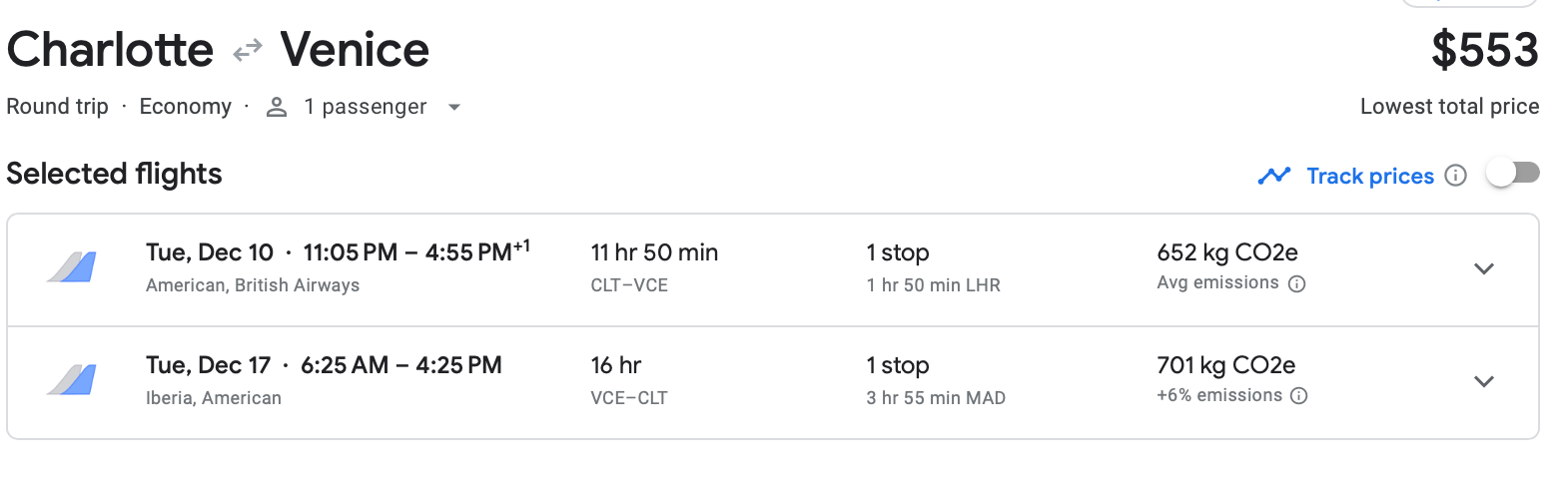 A screenshot of a Google Flights deal for a round-trip flight from Charlotte to Venice.