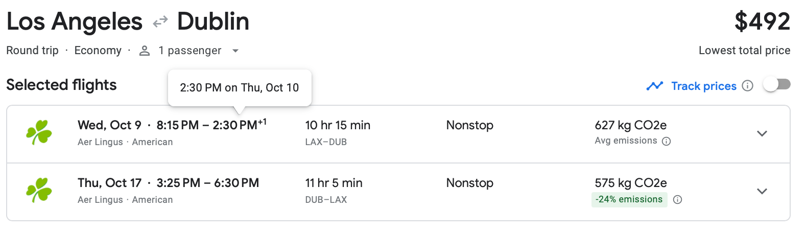 A screenshot of the Google Flights estimate for a round-trip flight from Los Angeles to Dublin.