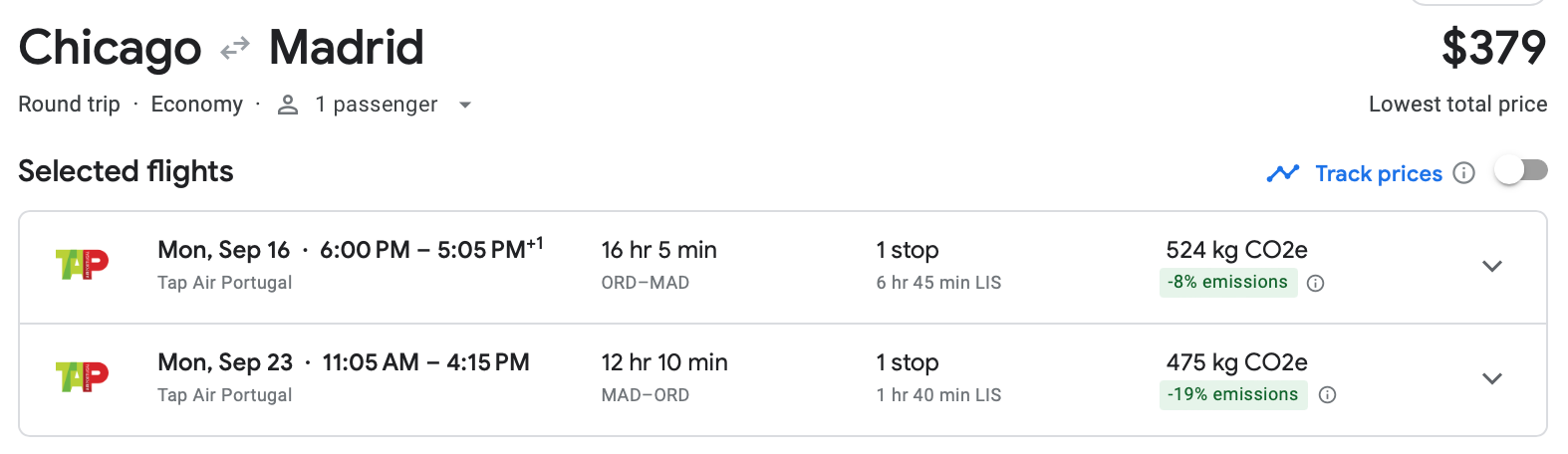 Screenshot of a roundtrip flight between Chicago and Madrid on TAP
