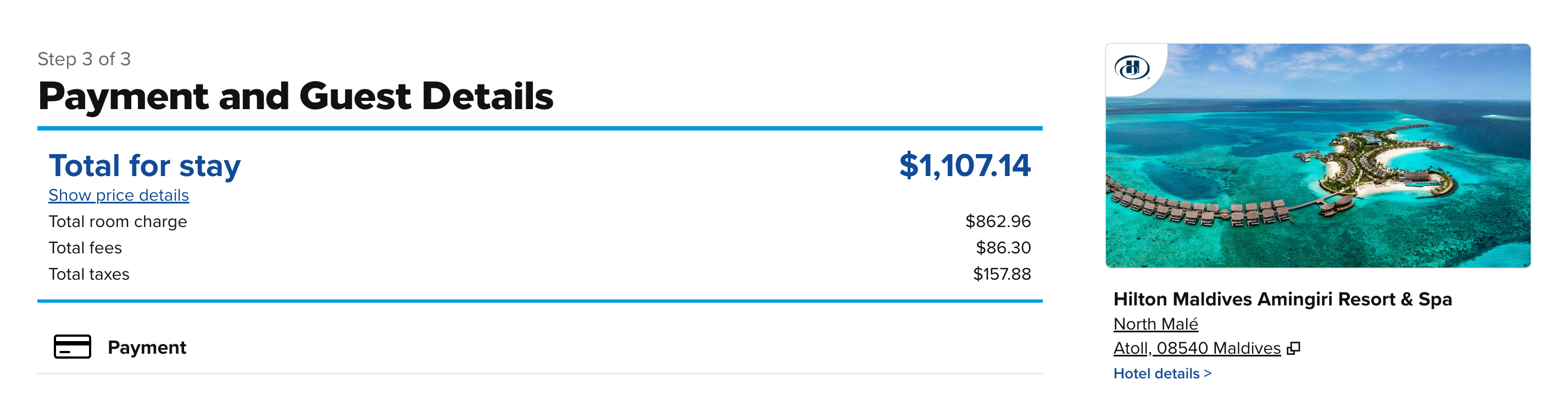 Booking page for Hilton Maldives Amingiri Resort & Spa. HILTON
