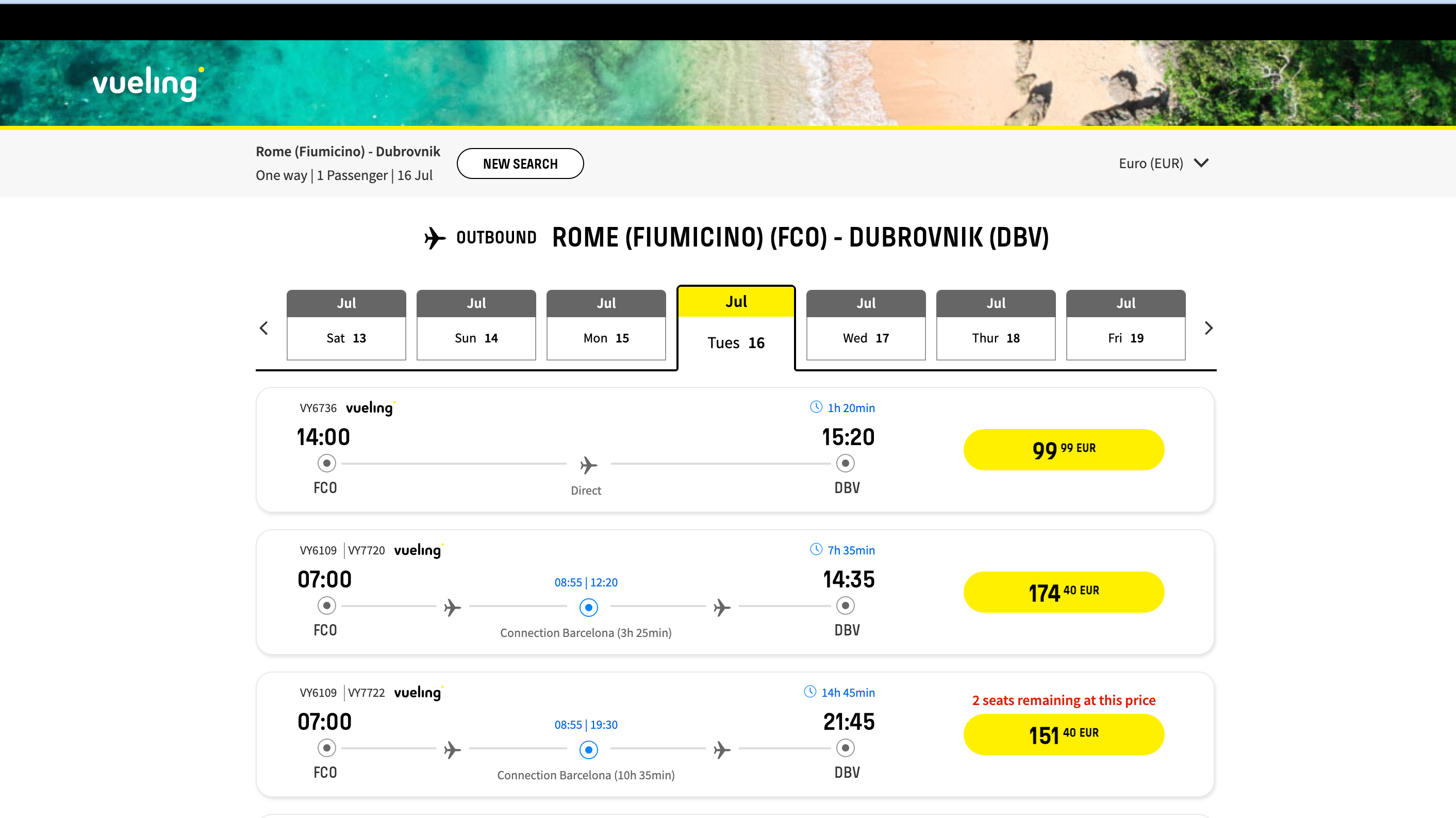 Prices for a one-way flight on Vueling