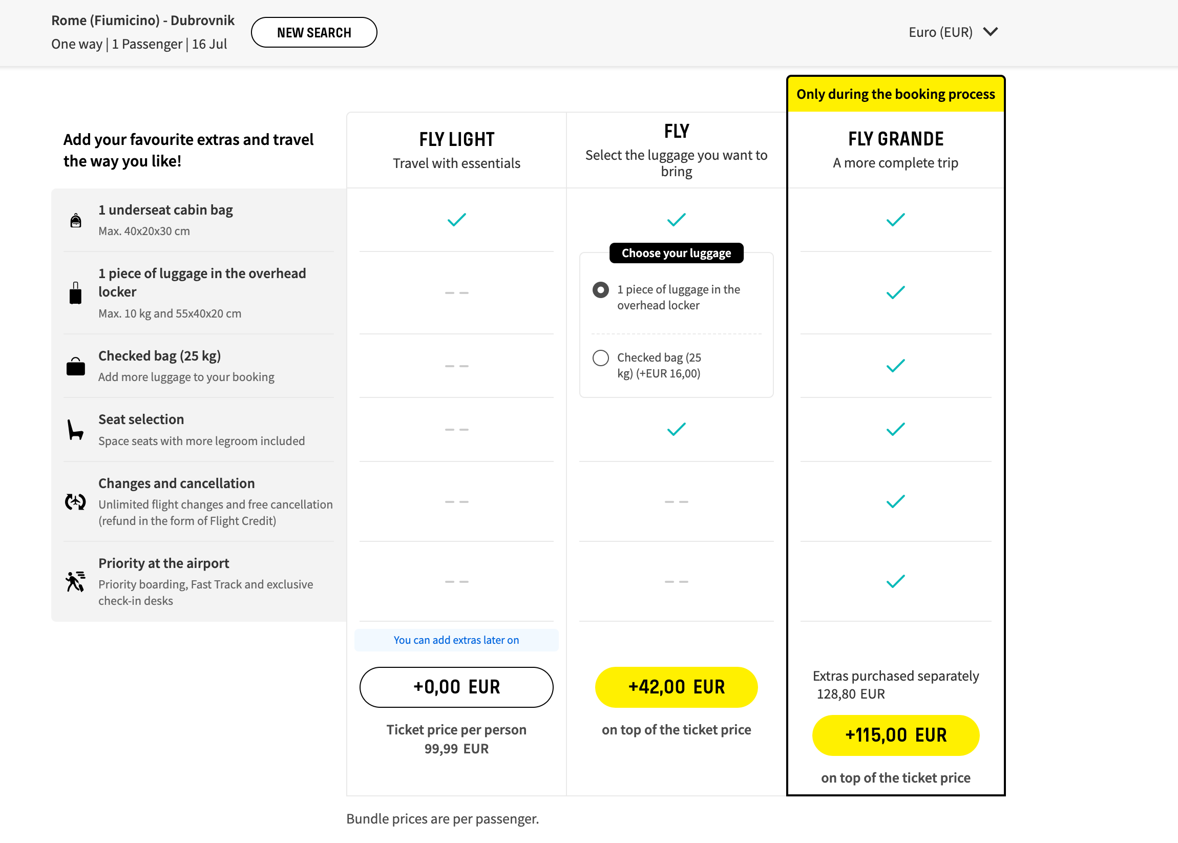 Prices for a one-way flight with added fees.