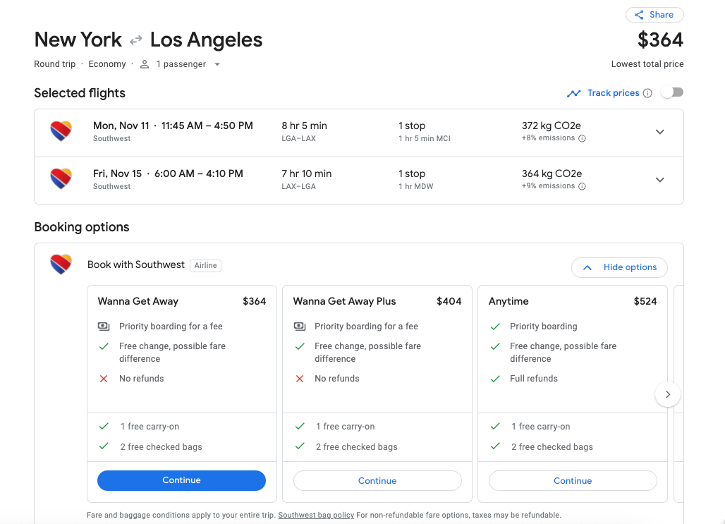 new york to la google flights southwest