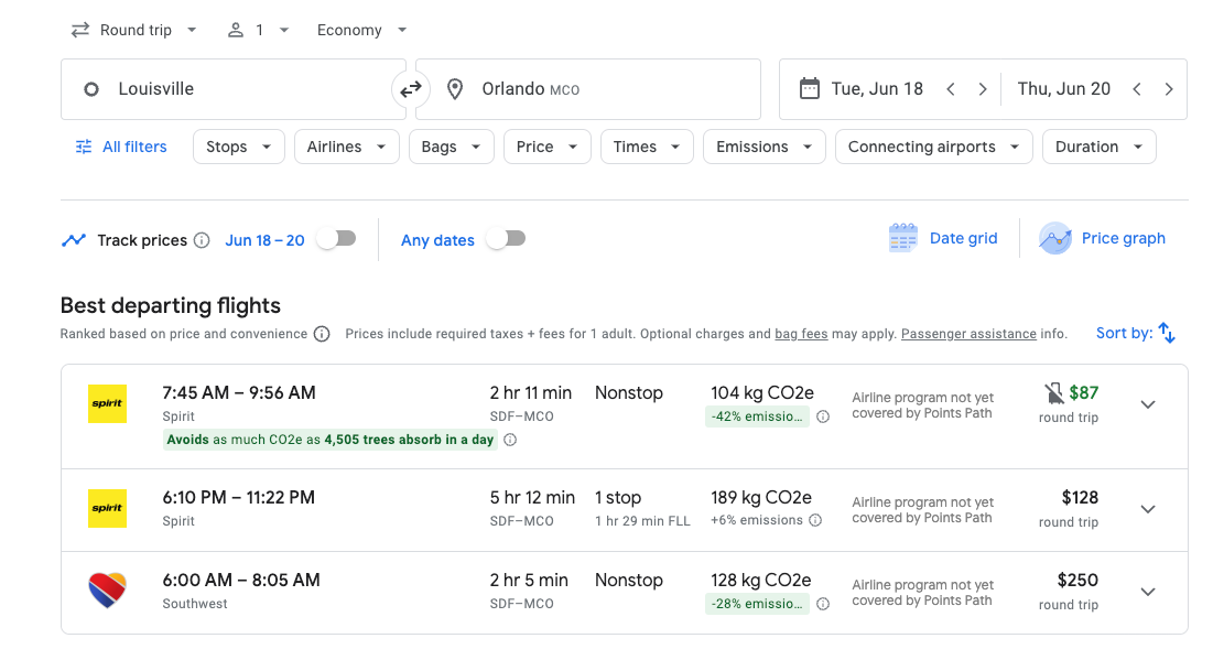 southwest on google flights