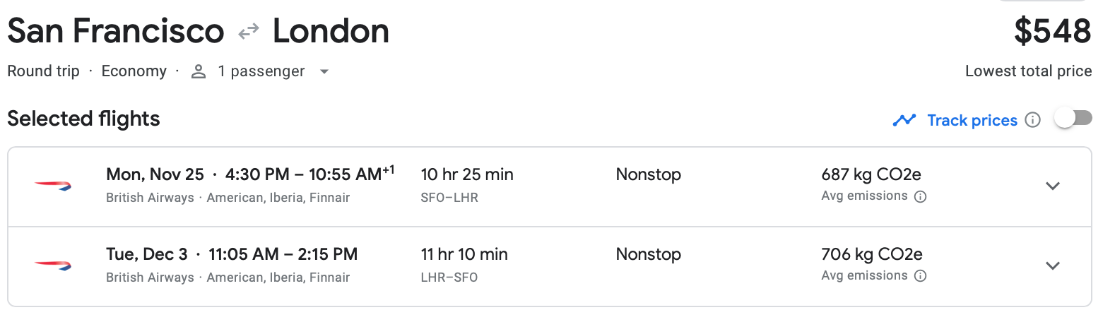 Screenshot of Google Flights estimate on round trip airfare from San Francisco to London